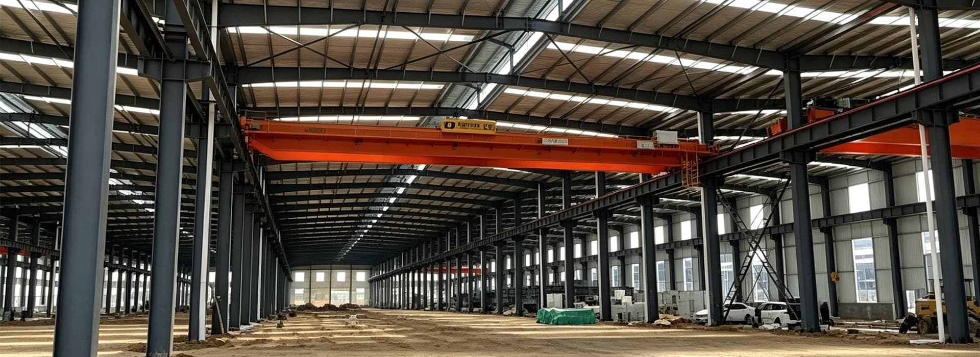 industrial steel building showing long-span roof framing and structural support.
