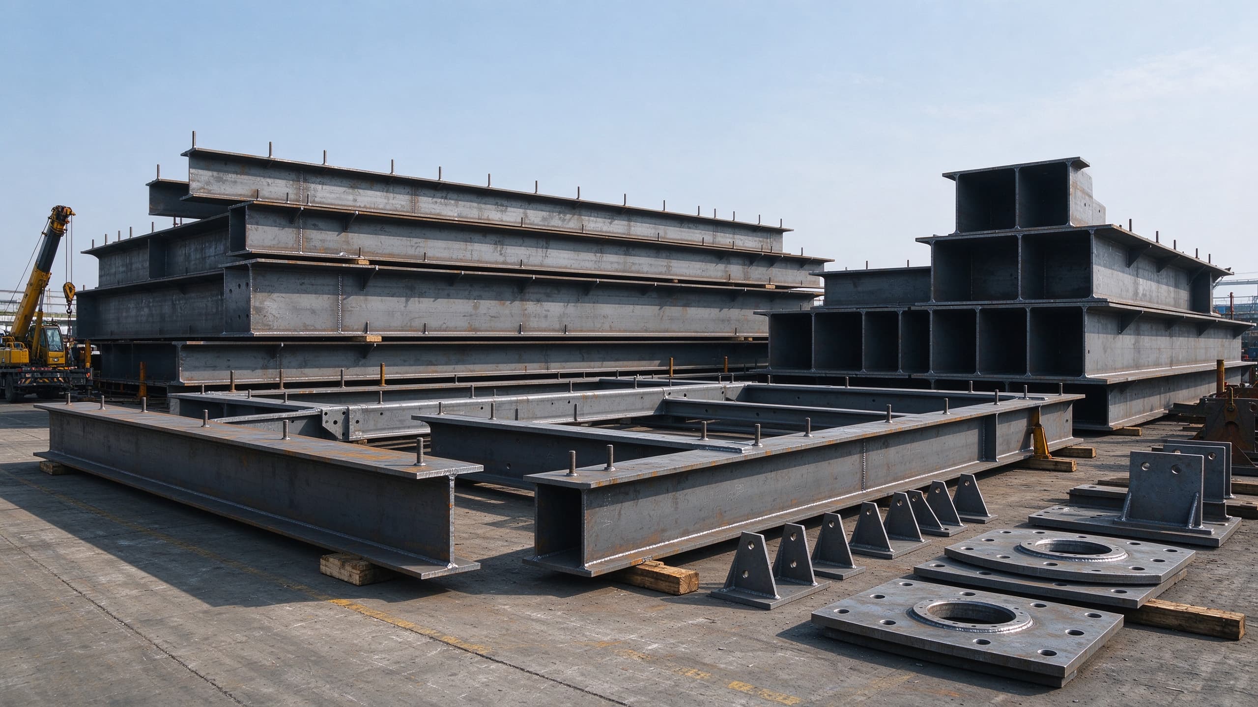 Fabricated bridge steel components and welded girders in a fabrication yard
