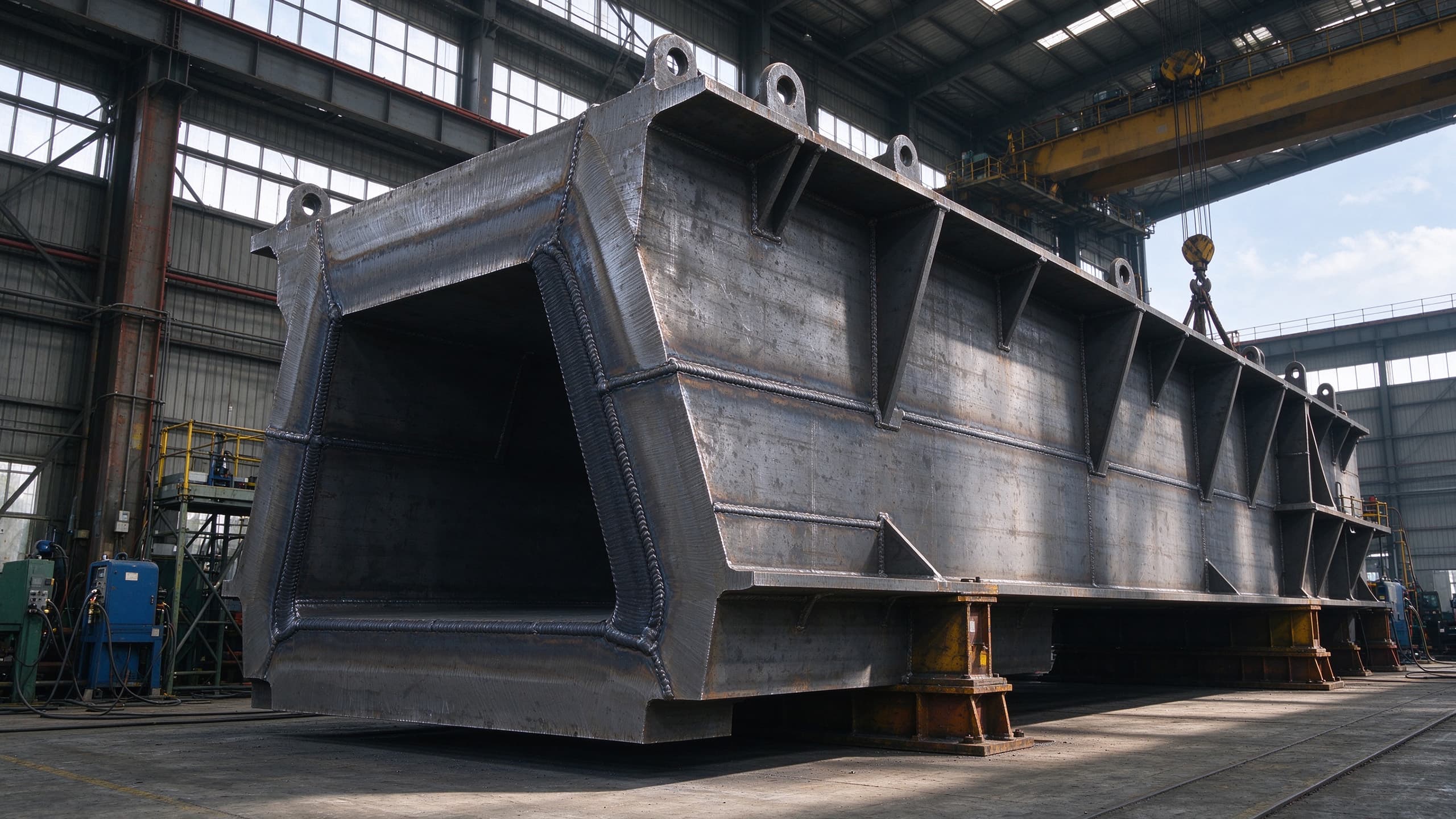 Custom steel structures under fabrication in an industrial workshop