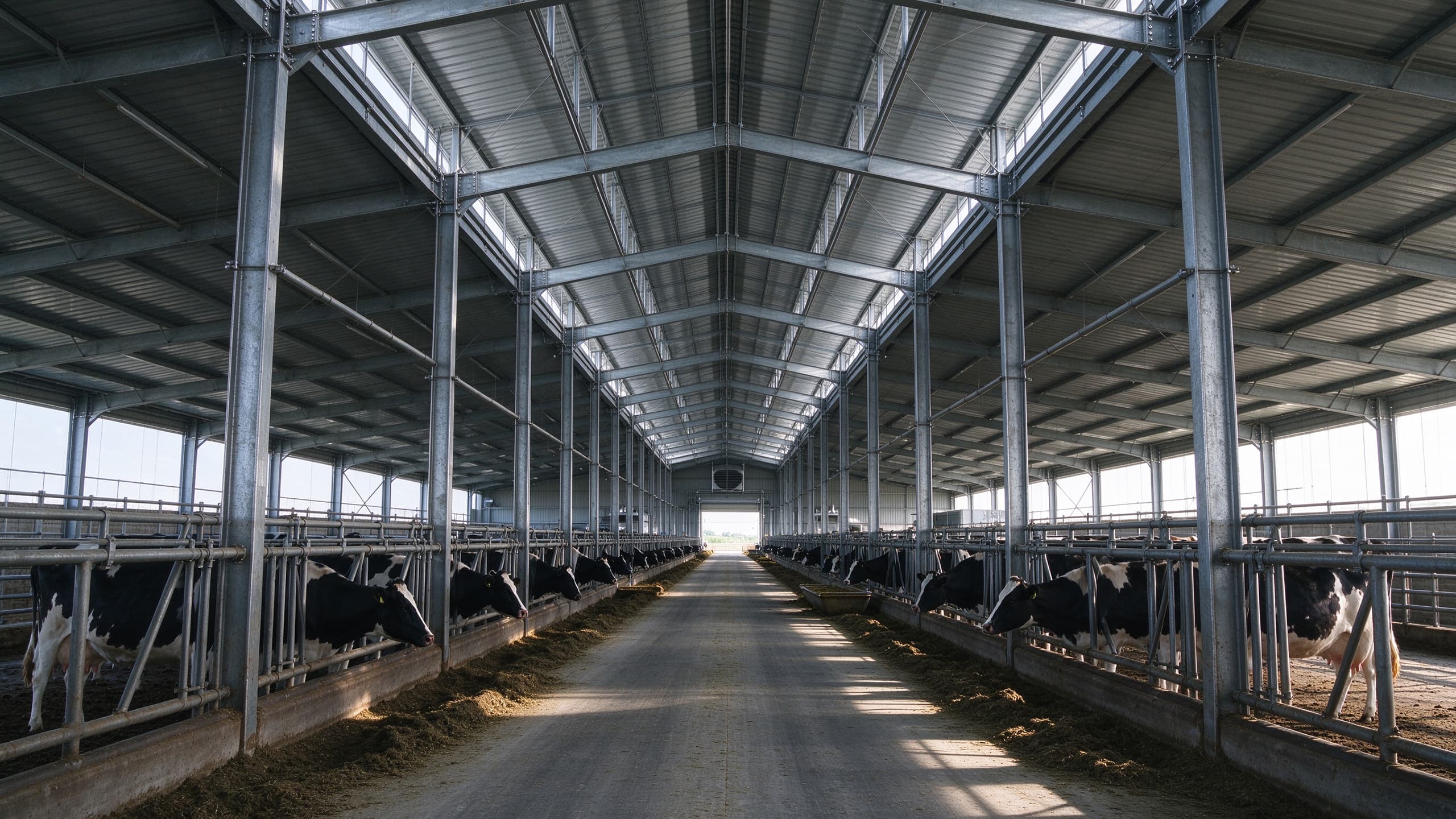 Steel structure dairy cow barn with cubicles and feeding alley