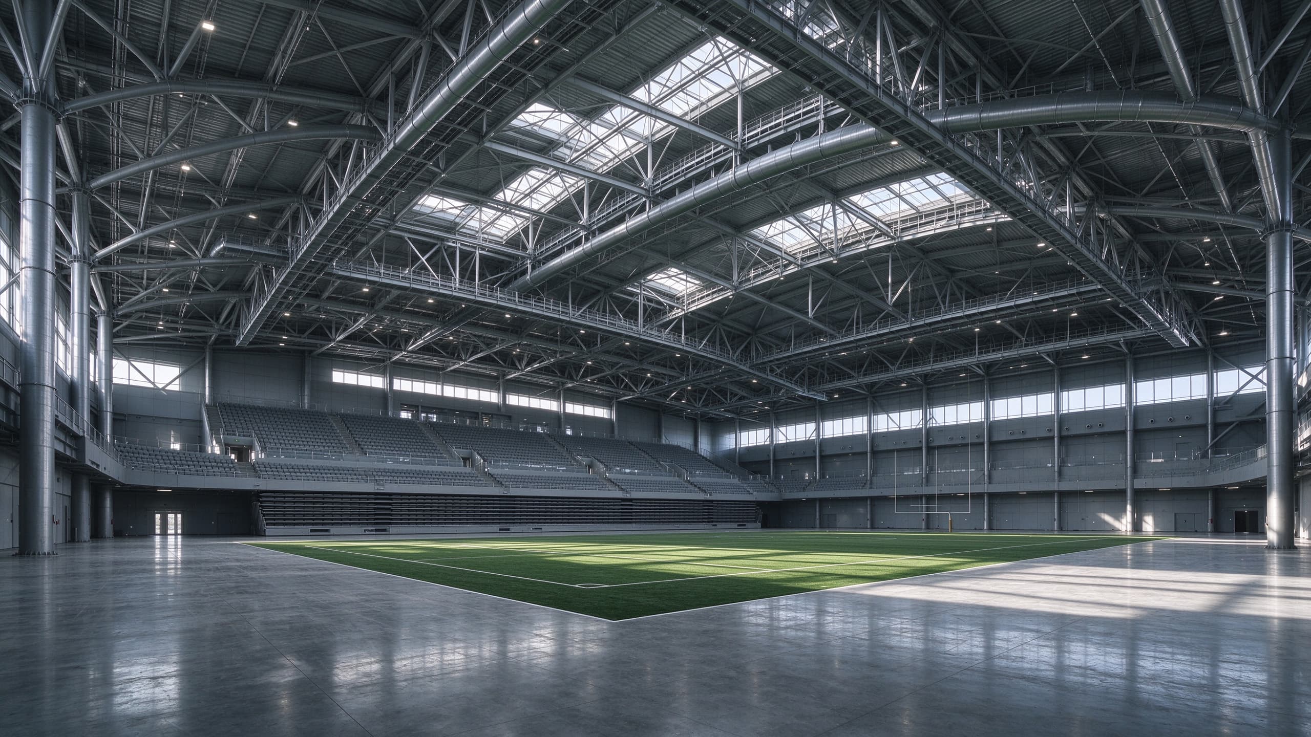 Steel structure exhibition hall with long span roof and glass curtain wall