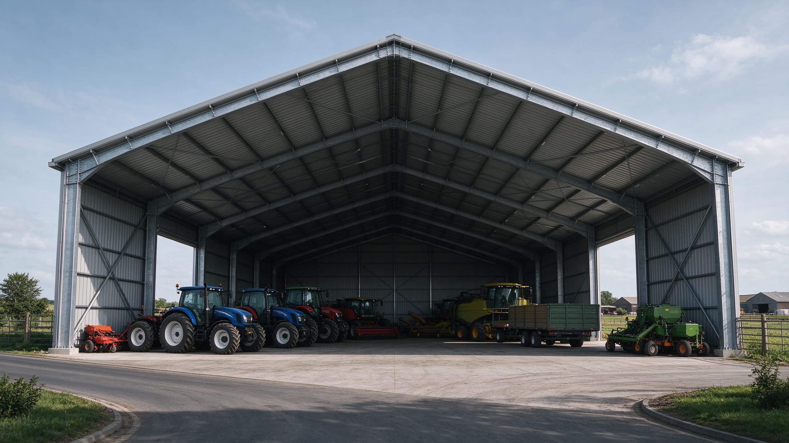 Steel structure farm machinery shed sheltering tractors