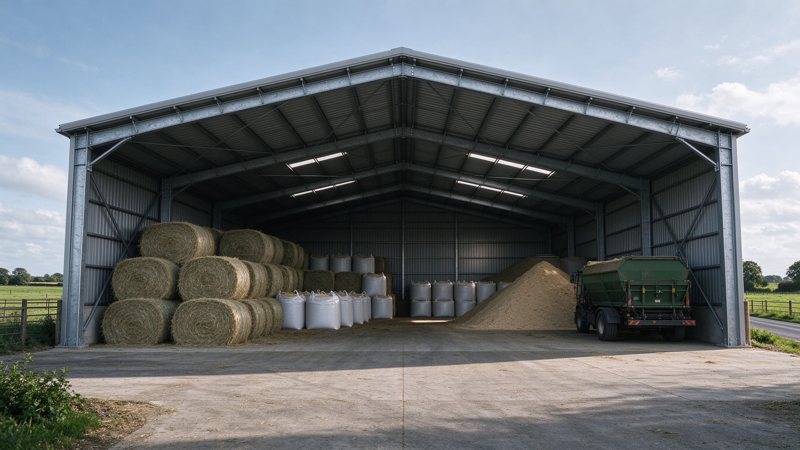 Steel structure hay and feed storage shed with bales