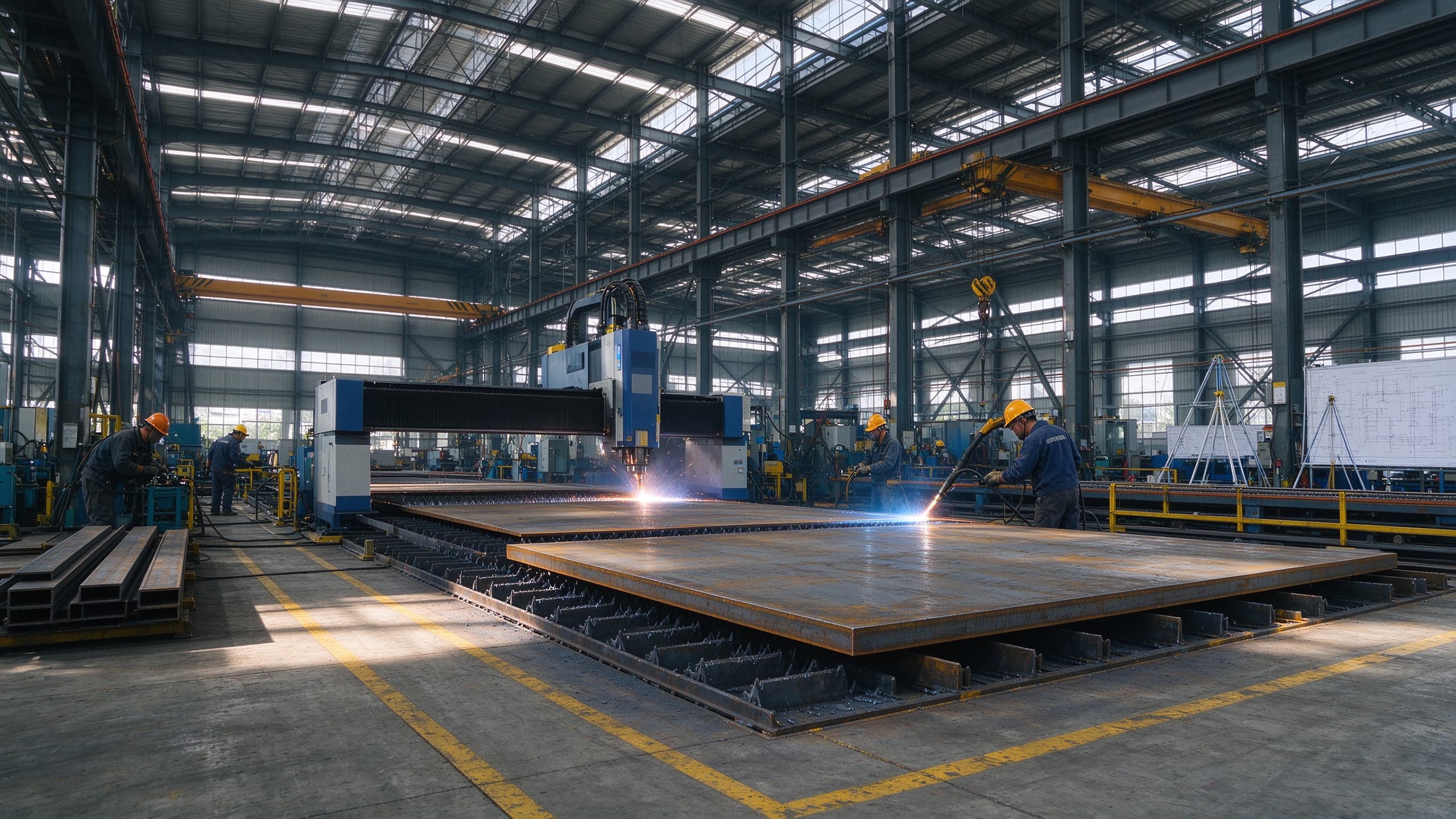 Heavy steel fabrication of large welded assemblies with overhead crane