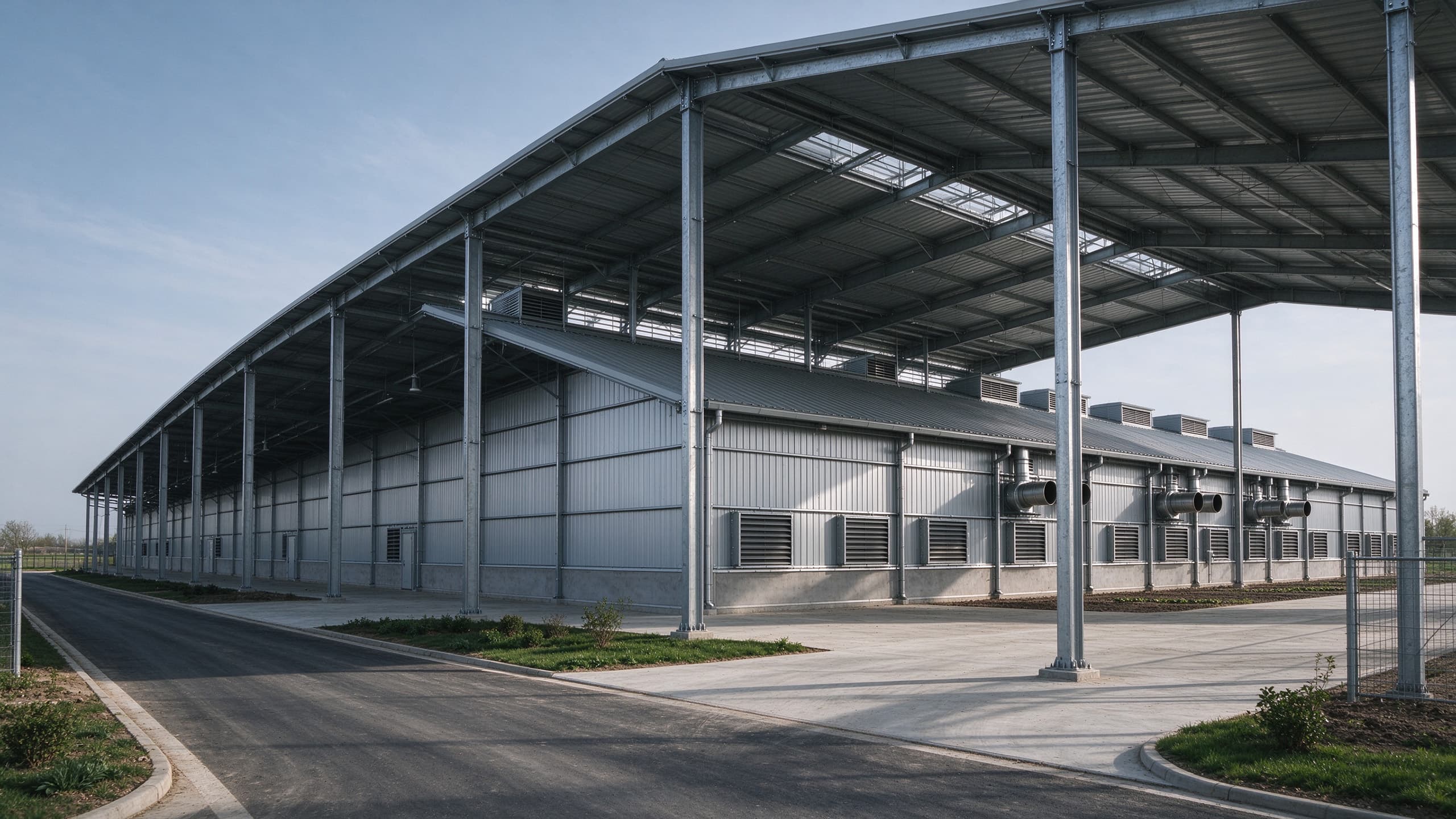 Large steel structure poultry house with controlled environment ventilation