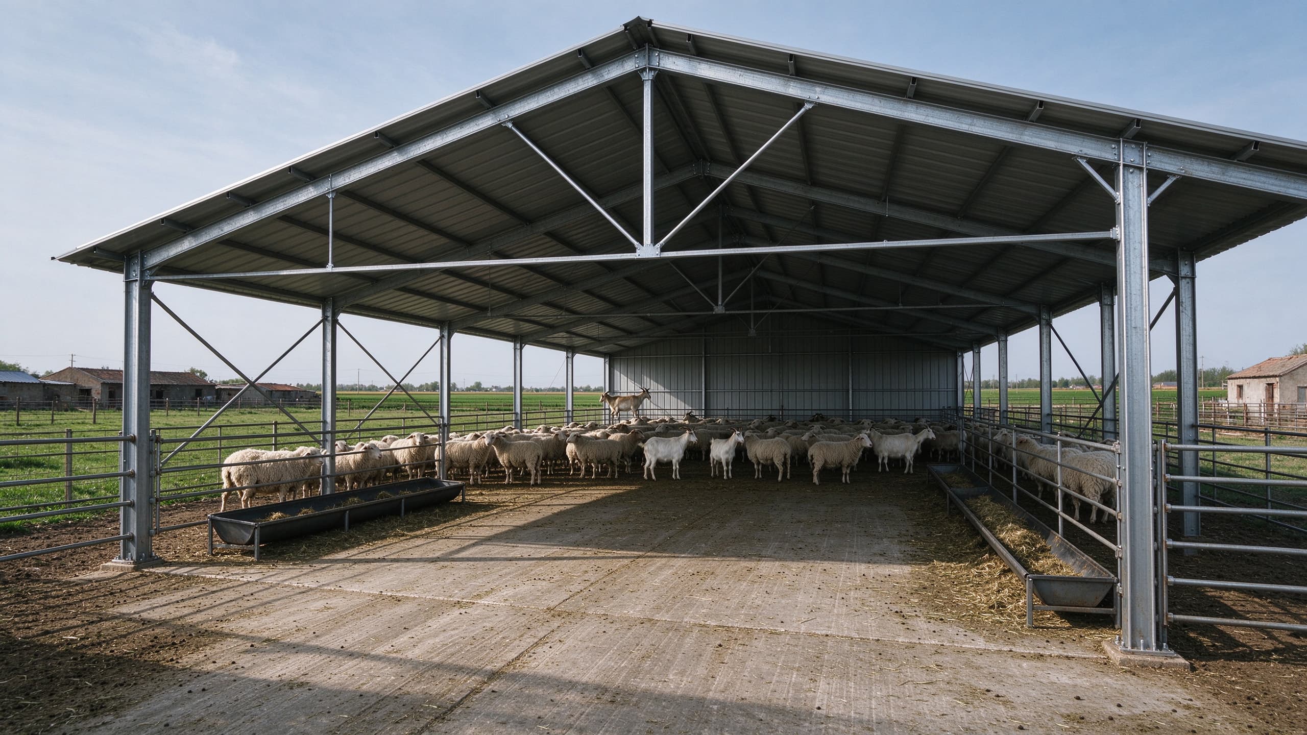 Steel structure sheep and goat barn with open metal frame