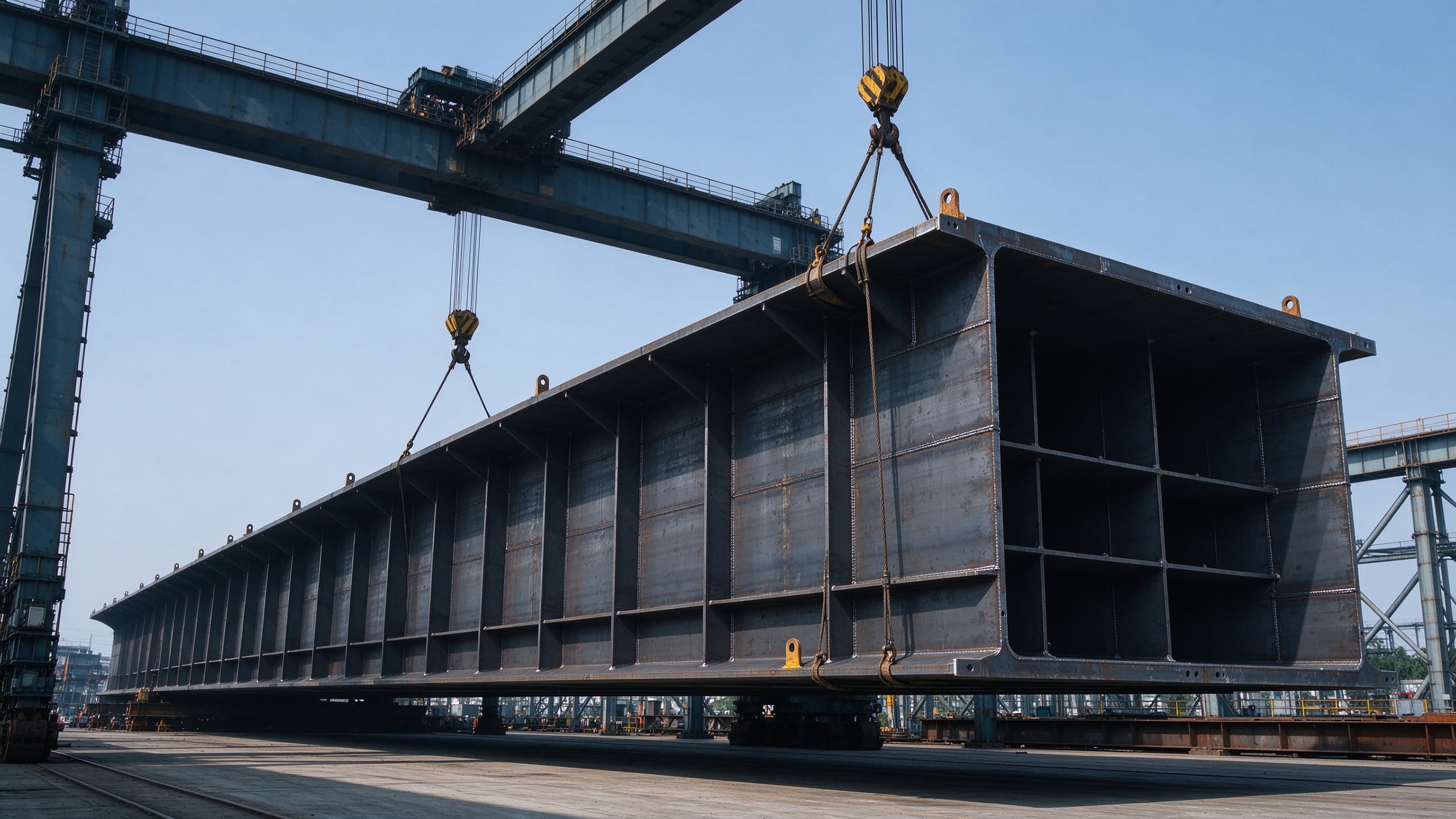 Steel box girder bridge section erected by overhead gantry