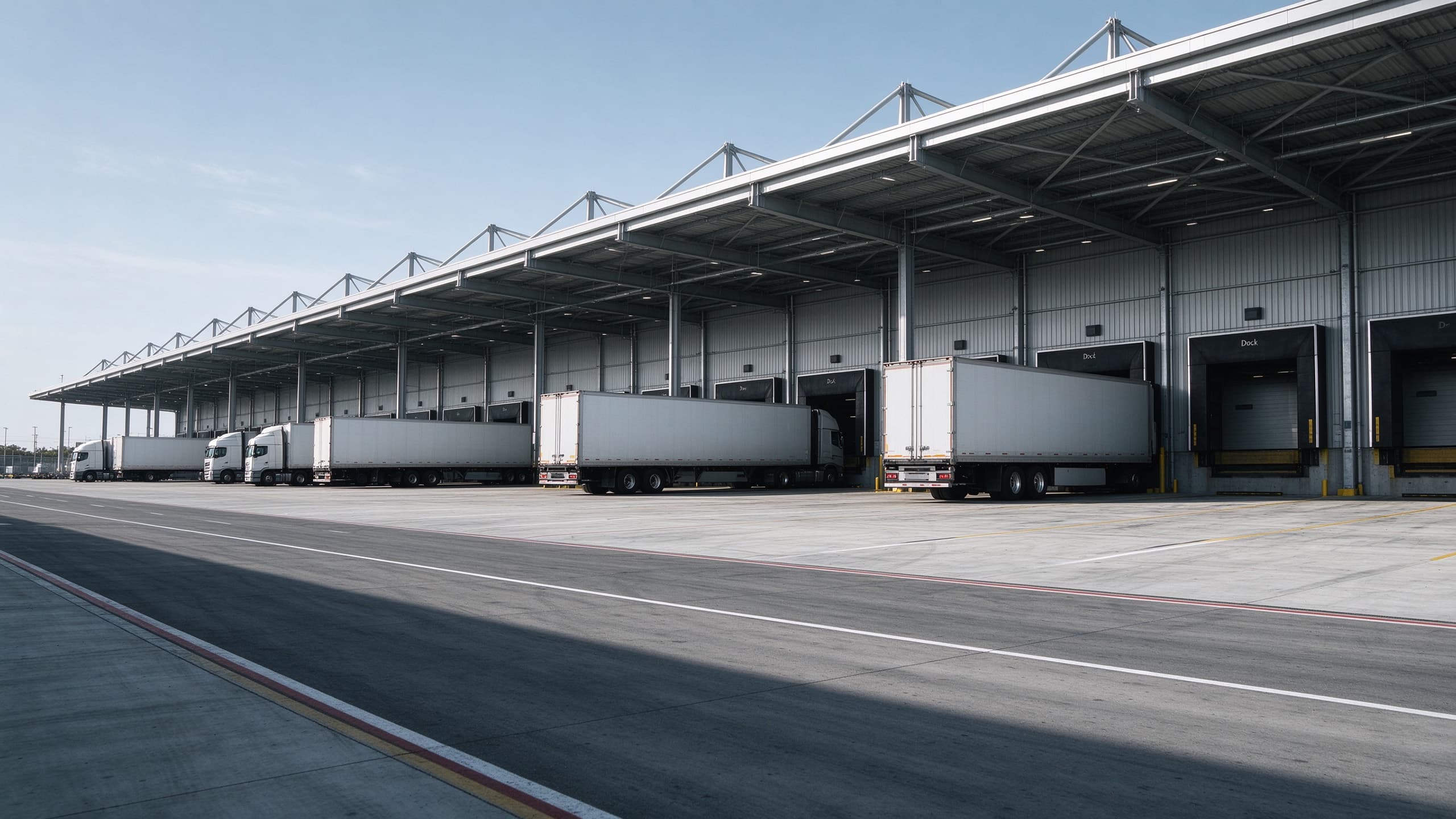 Steel logistics center with loading docks and trucks at the bays