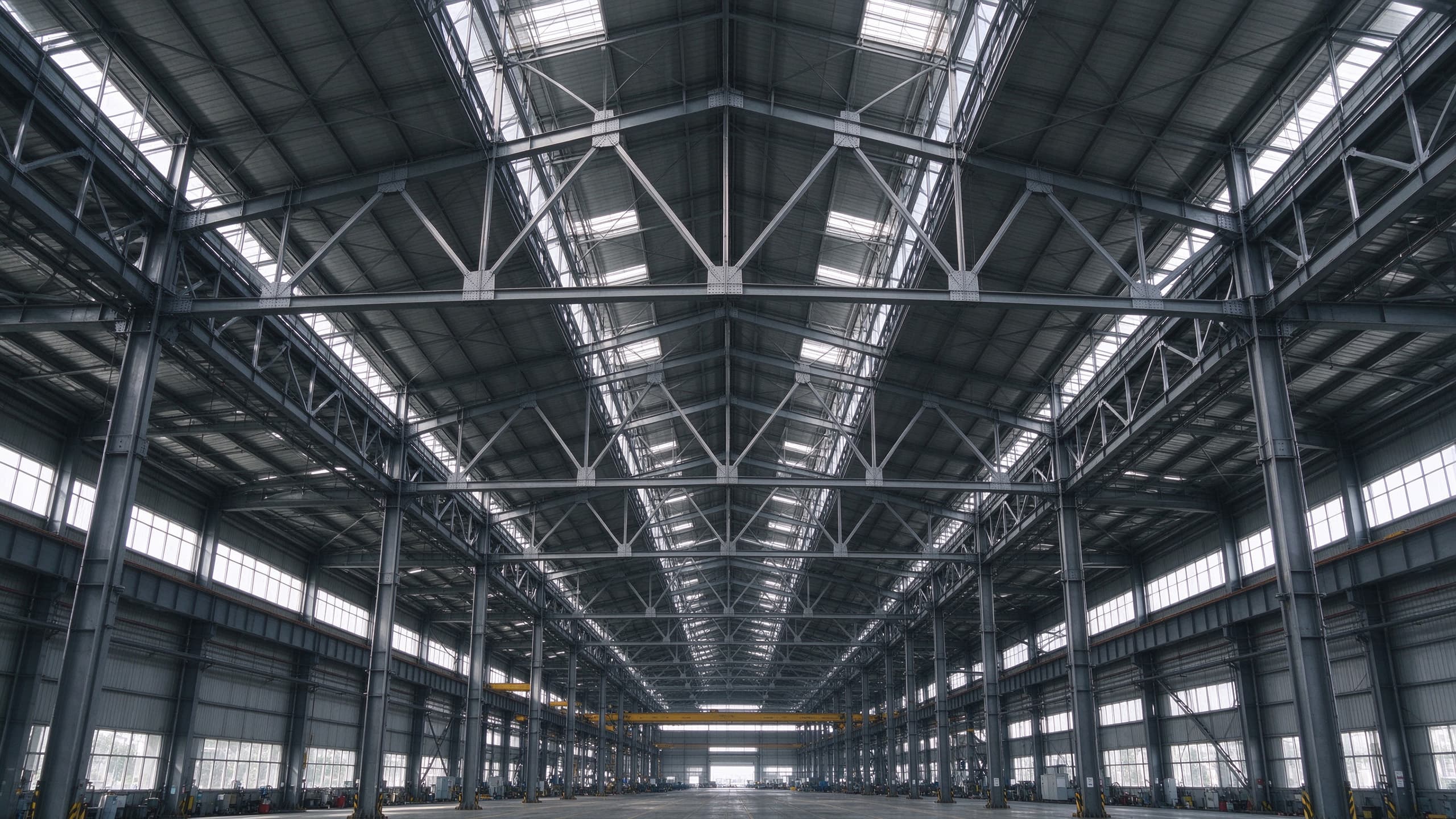 Long span steel roof trusses over a large industrial hall