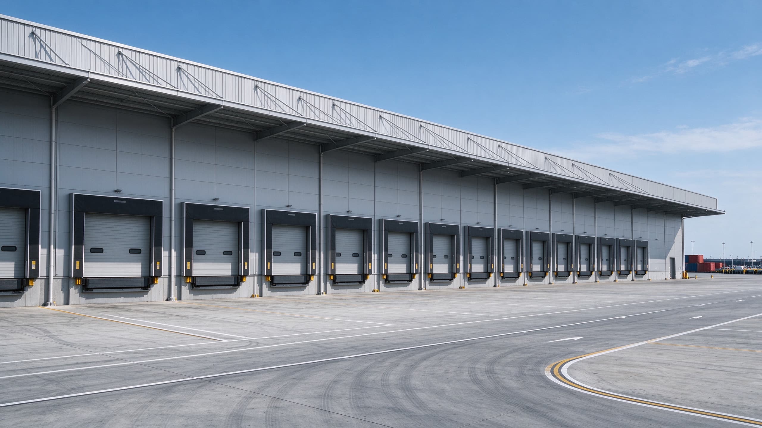 Long span steel structure warehouse with metal roof and loading doors