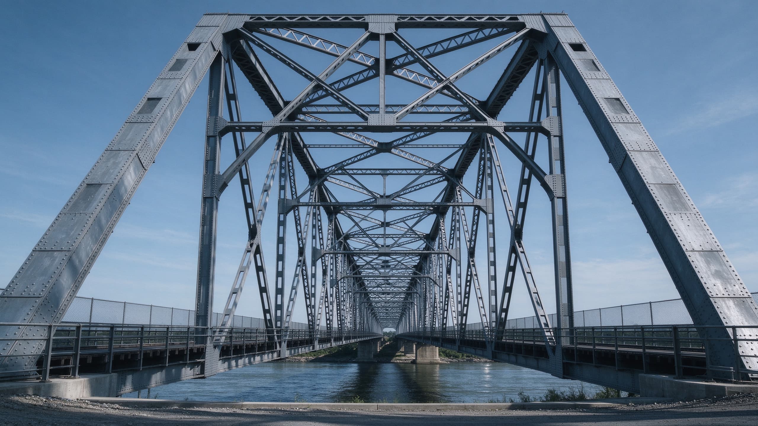Steel truss bridge with triangulated truss members spanning a river