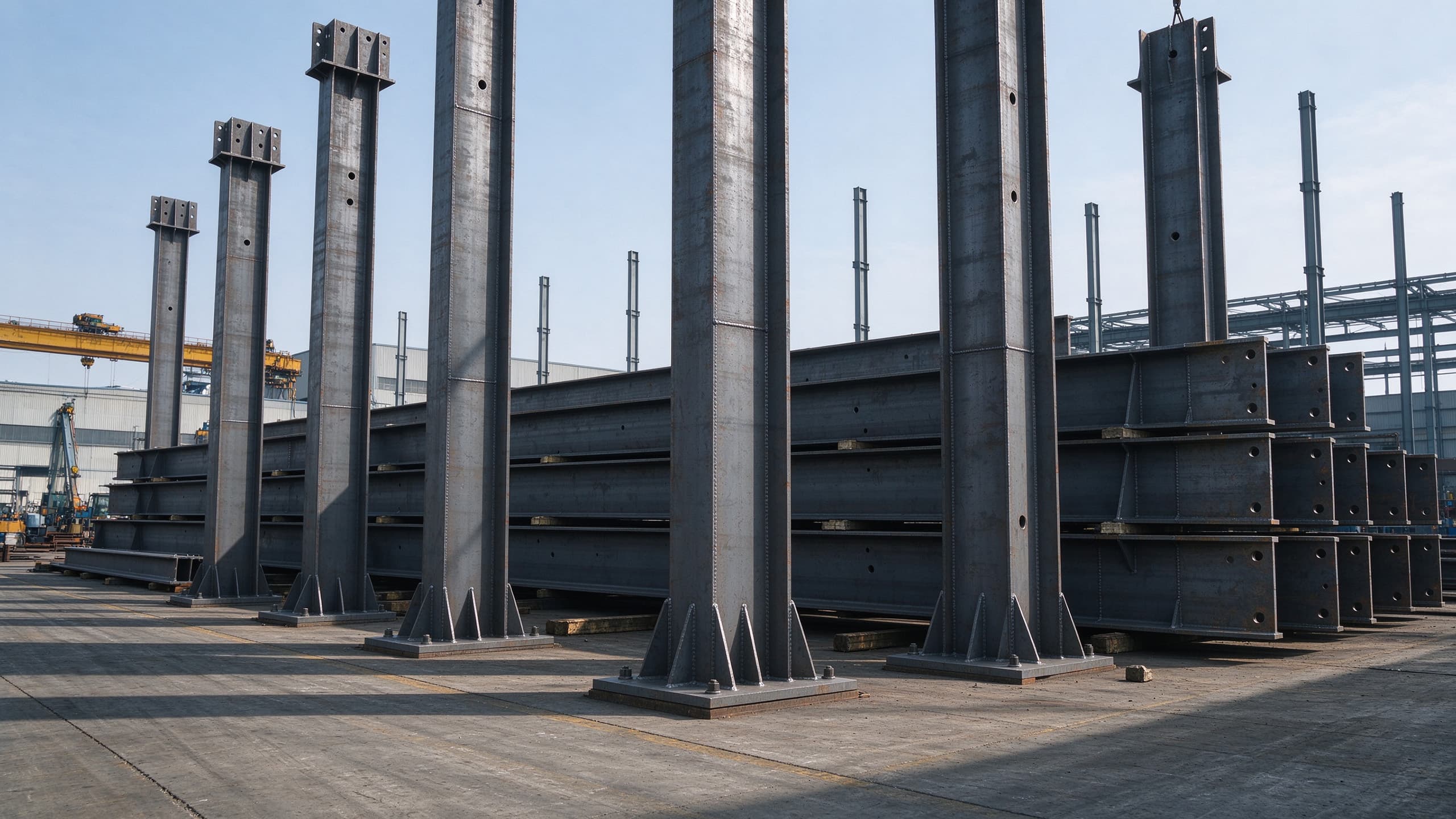 Structural steel beams stacked in a steel plant