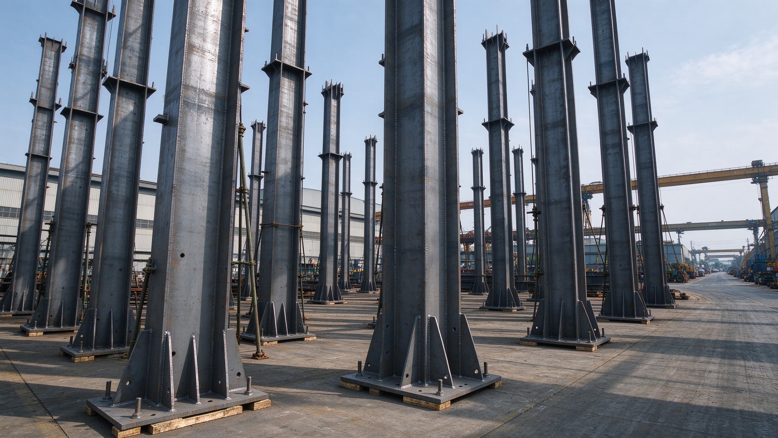 Structural steel columns with welded base plates standing in a fabrication yard