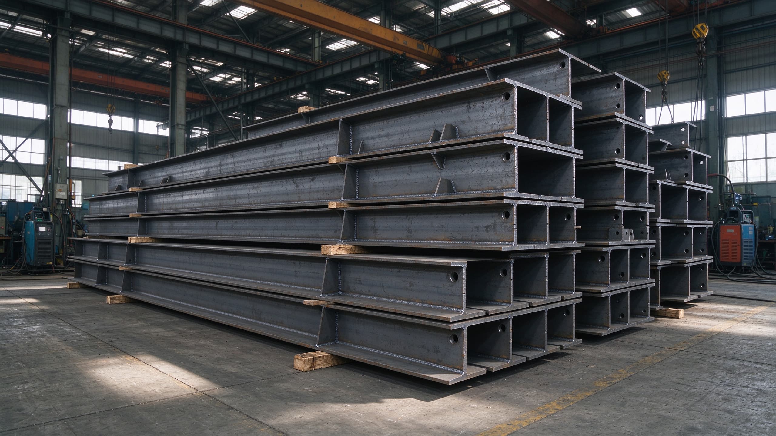 Welded H beam steel sections stacked in a steel fabrication workshop