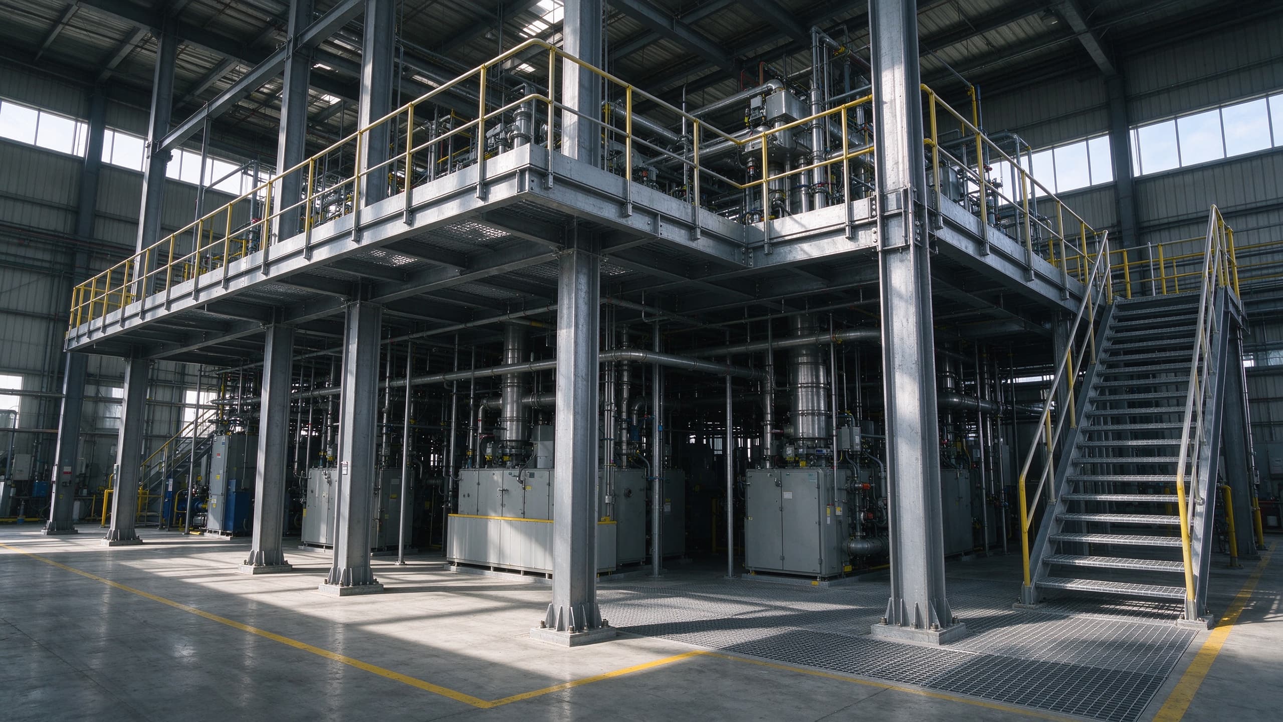 Custom structural steel components with bolted connections in a workshop