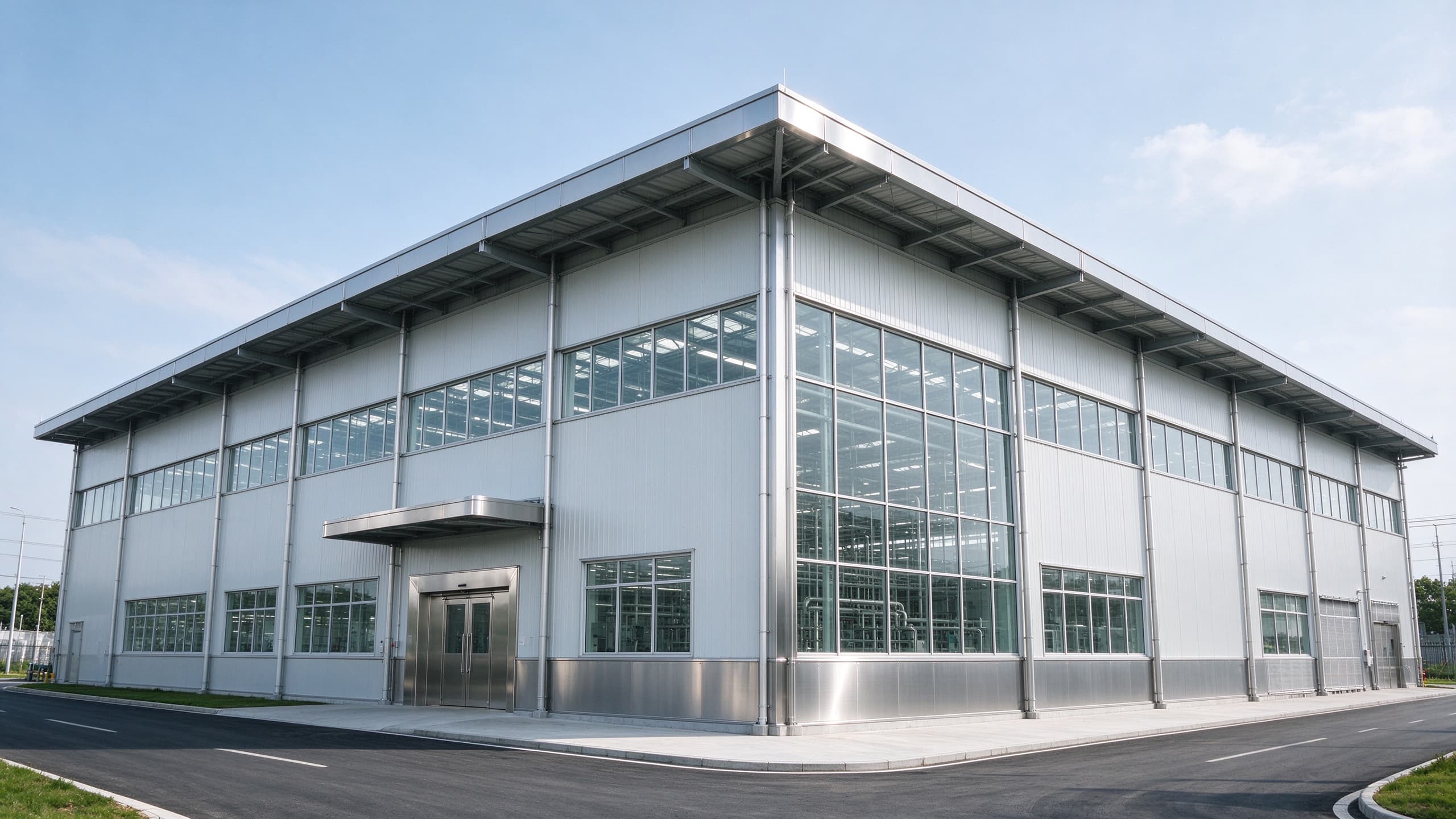 Steel food processing plant building with clean industrial facade