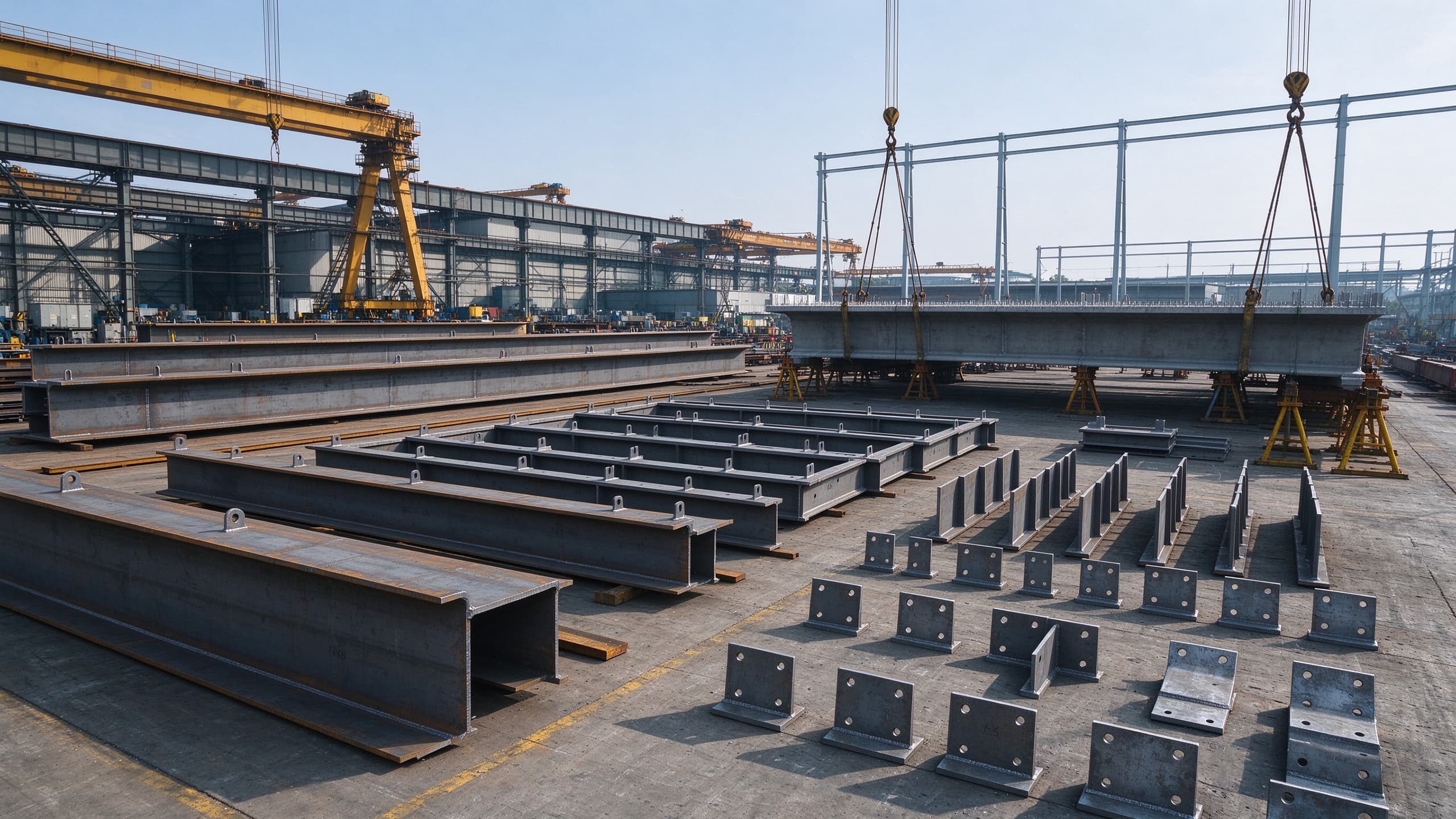 Steel fabrication workshop cutting and welding steel plates from engineering drawings